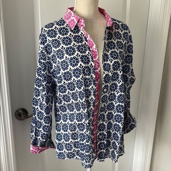 French Curve Navy/Pink Floral Button-Up Shirt Roll tab sleeves NWOT - Picture 1 of 9